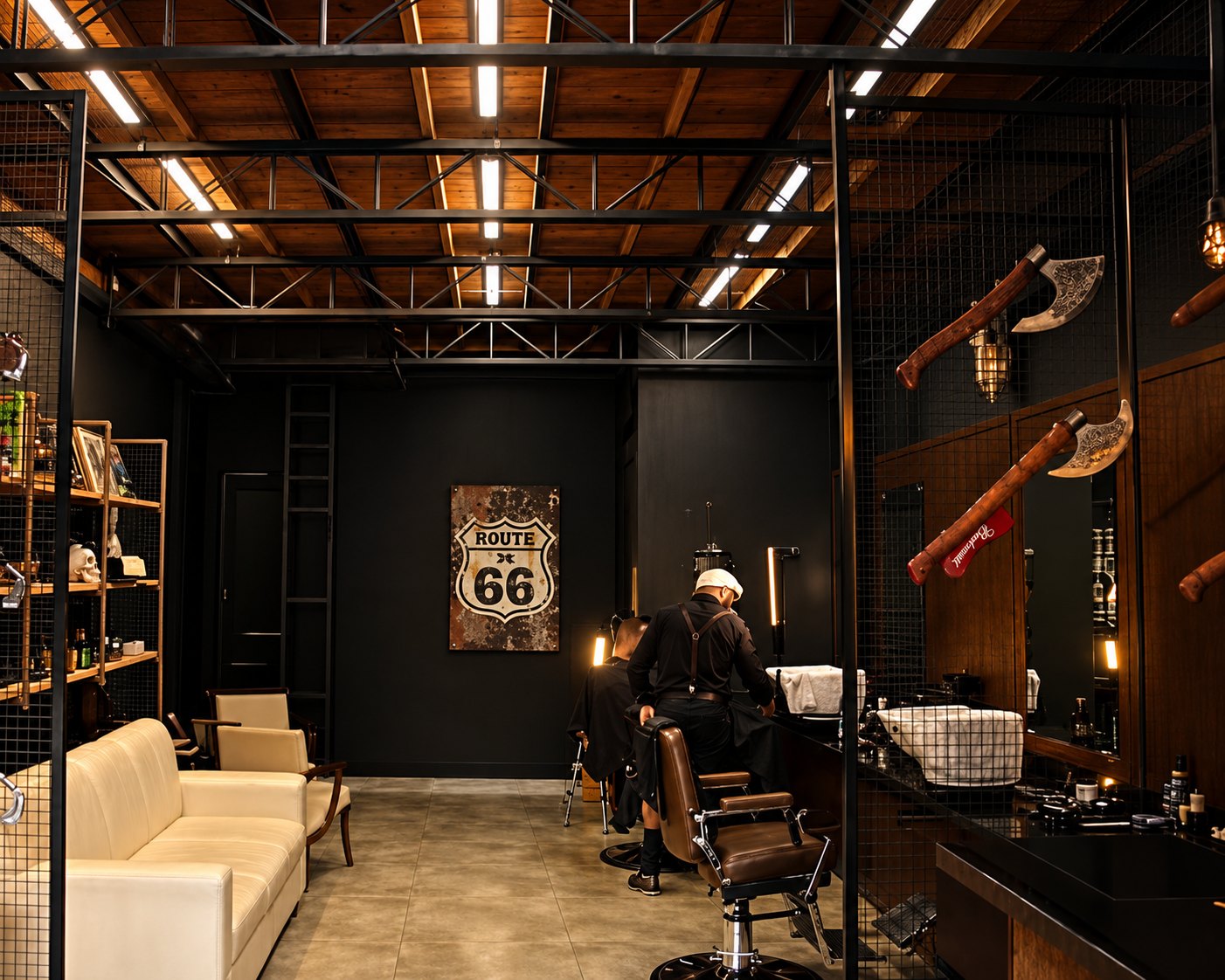 Interior da Bruttus: barbeiro atendendo cliente sob a placa Route 66